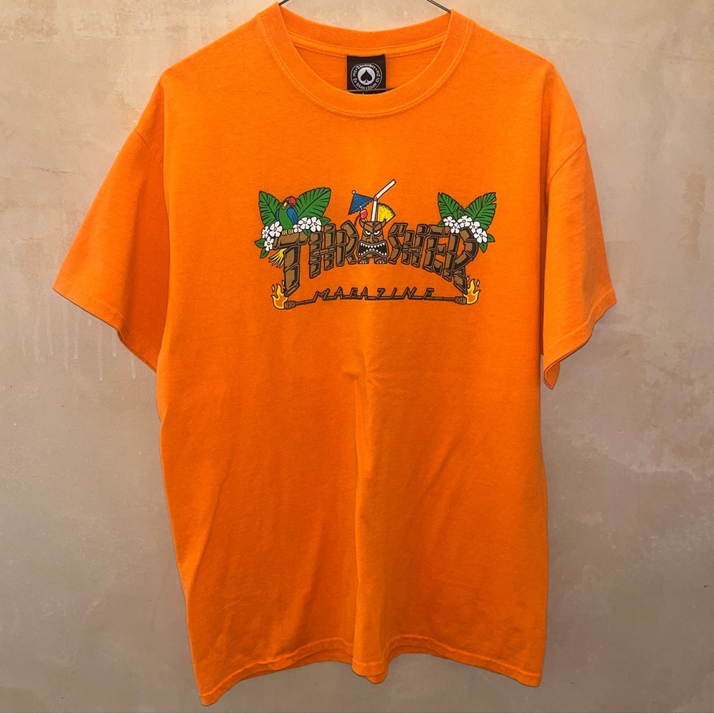 Vintage Thrasher Magazine Neon Orange Tiki Islander Graphic T Shirt Size Large